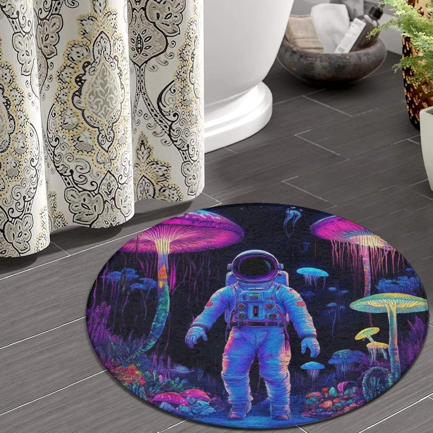 Home Decor Non Slip Kitchen Office Circle Rug, Machine Washable Modern Round Area Rug, Room Sofa Yoga Soft Round Carpet Purple Galaxy Trippy Space Astronaut Art, 36inch