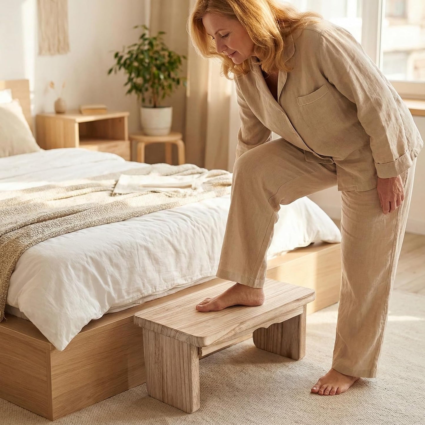 Wooden Step Stool - 9'' One Step Stool for Adults, Wooden Beside Step, Heavy Duty/Portable/Nonslip/Durable Construction Safe Step for Bedroom/Kitchen (Light Wood)