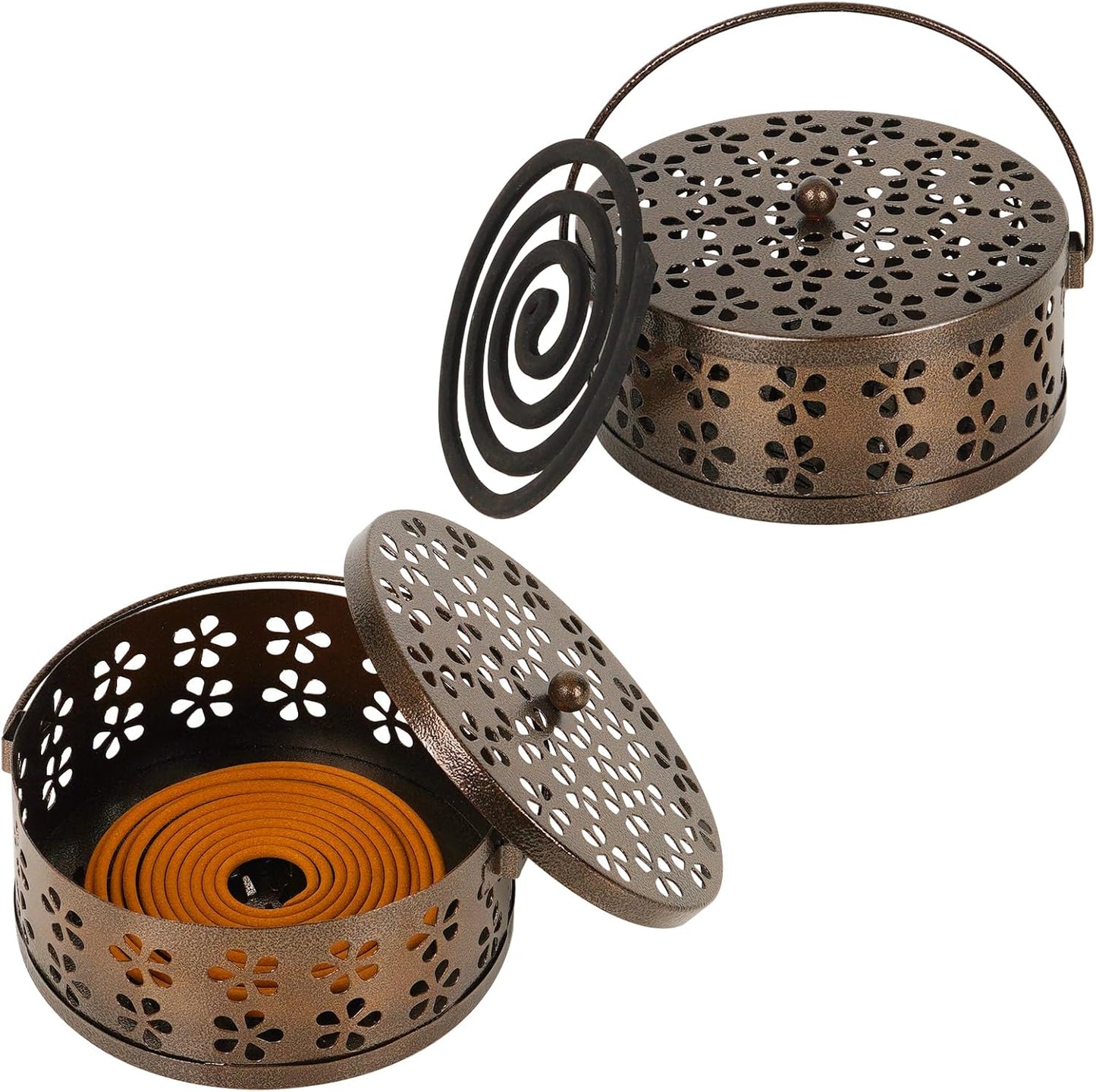 Portable Iron Mosquito Coil Holder with Handle Round Heat-Resistant Incense Holder (Bronze)