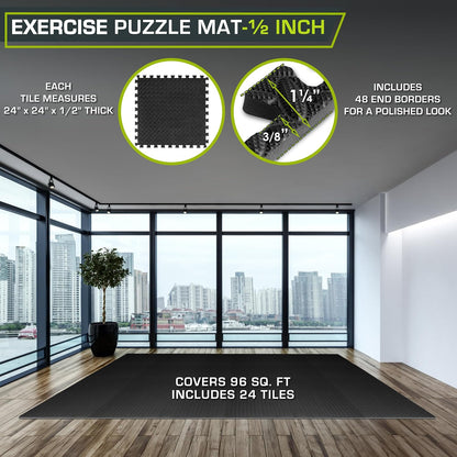 ProsourceFit Exercise Puzzle Mat ½-inch, EVA Interlocking Foam Floor Tiles for Home Gym, Workout Equipment, Kids Play Areas, Black, 24 SQ FT - 6 Tiles