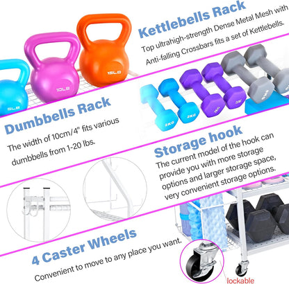 Dumbbell Rack, Yoga Mat Storage Rack - Weight Rack for Dumbbells, Home Gym Storage Rack for Yoga Mat, Dumbbells and Kettlebells, All in One Workout Equipment Storage with Caster Wheels