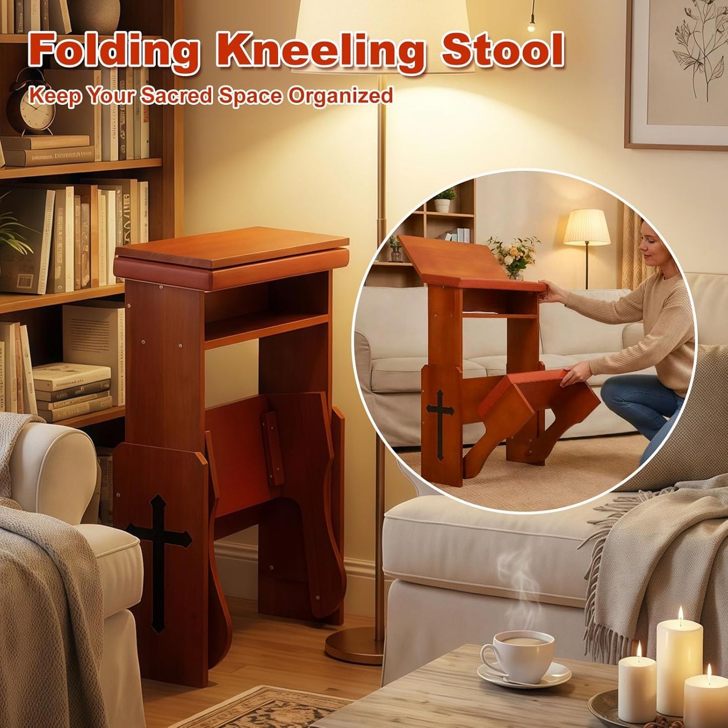 Fanwer Folding Prayer Bench for Home Use - Adjustable Wooden Kneeler for Prayer & Meditation, Compact Kneeling Altar with Bookshelf, Ideal for Church, Chapel, or Personal Devotion