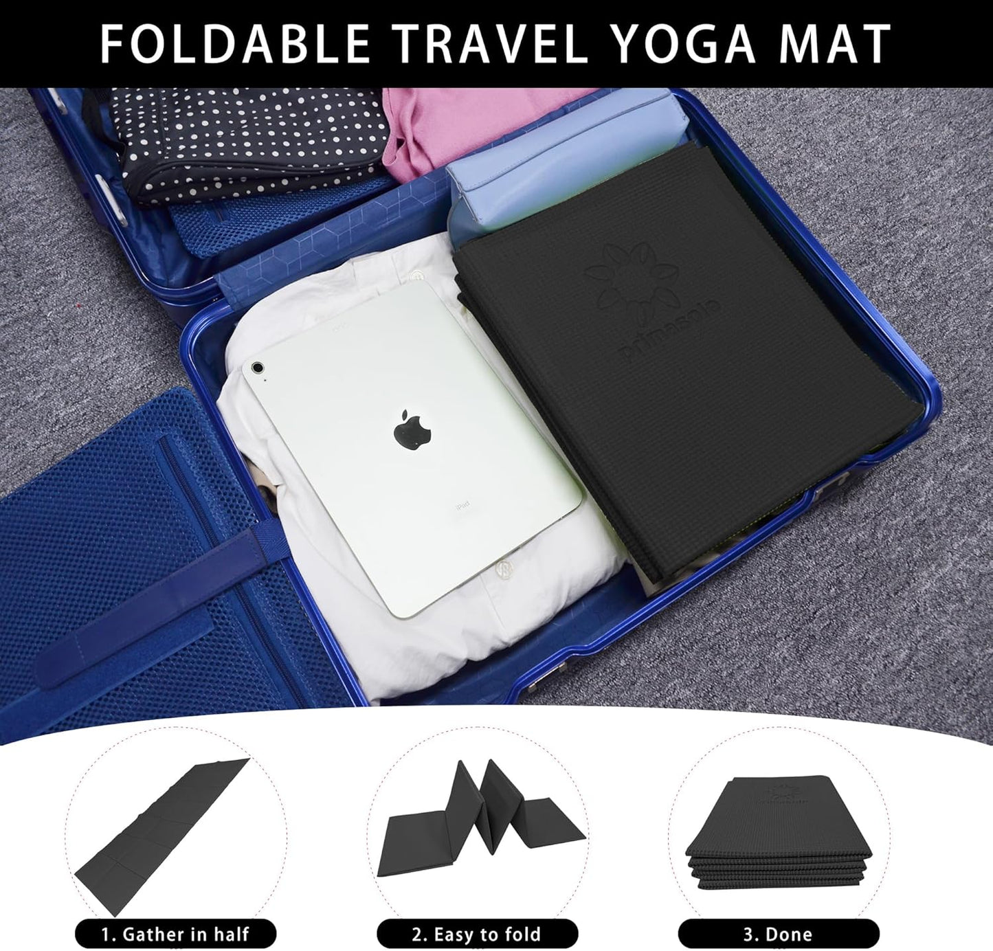 Primasole Folding Yoga Travel Pilates Mat Foldable Easy to Carry to Class Beach Park Tear resistant Travel Picnics 4mm Thick 9 Colors