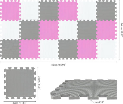 qqpp EVA Rubber 18 Tiles Interlocking Puzzle Foam Floor Mats - Baby Play Mat for Playing | Exercise Mat for Home Workout. White, Pink, Gray. QC-ACLb18N