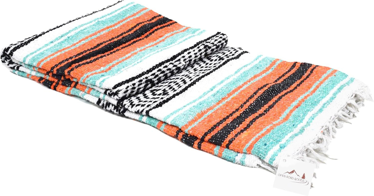Open Road Goods Multi Color Mexican Falsa Blanket - Handwoven in Mexico - Great for The Beach, Picnics, Yoga, or a Throw! (Mint/Purple)