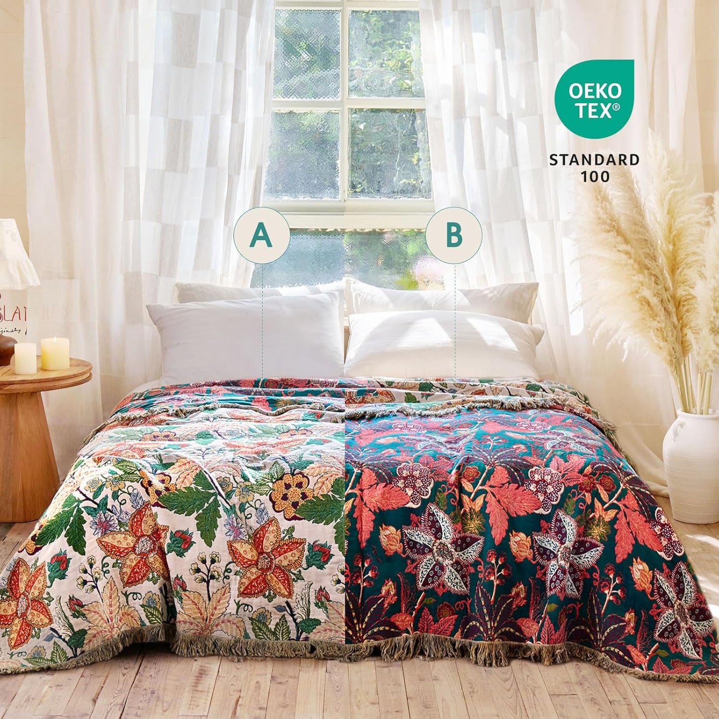Boho Throw Blanket - 100% Cotton Soft Summer Throw Blanket for Bed, 50"x60" Reversible Breathable Lightweight Blankets, All Seasons Farmhouse Decor Floral Plant Butterfly Throw Quilt