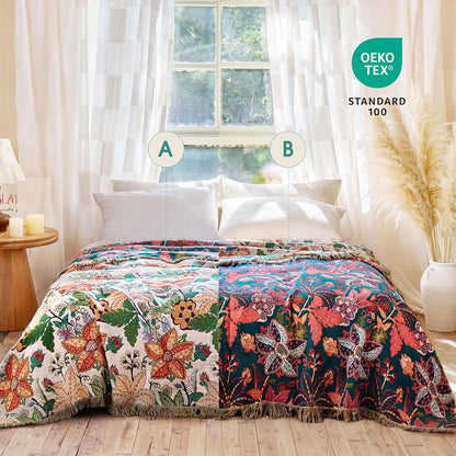 Boho Throw Blanket - 100% Cotton Soft Summer Throw Blanket for Bed, 50"x60" Reversible Breathable Lightweight Blankets, All Seasons Farmhouse Decor Floral Plant Butterfly Throw Quilt
