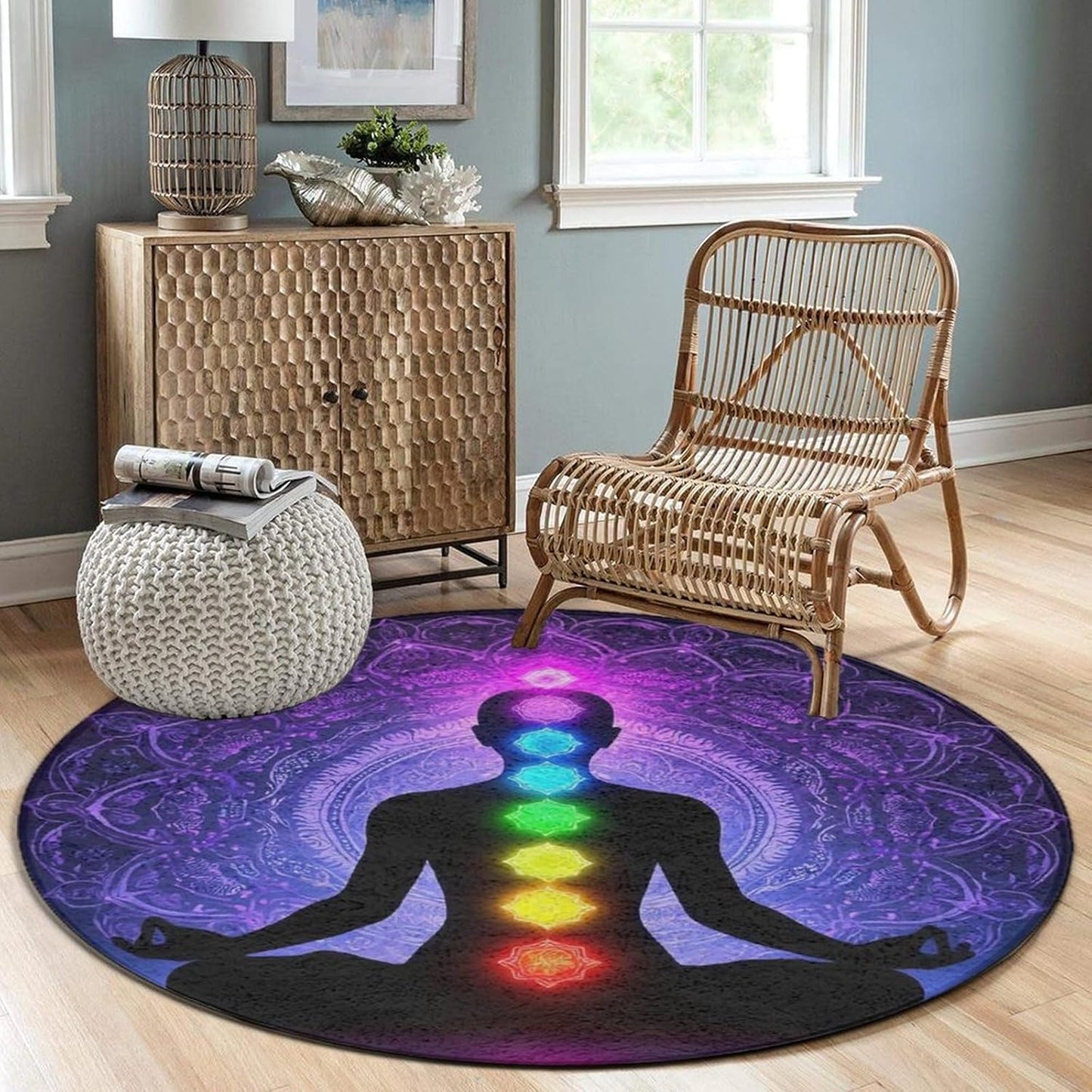 Soft Round Yoga Carpet, Large Home Decor Mat, Non-Slip Machine Washable Kitchen Office Circle Rug Compatible with Cool Norse Viking Vegvisir Runic Compass