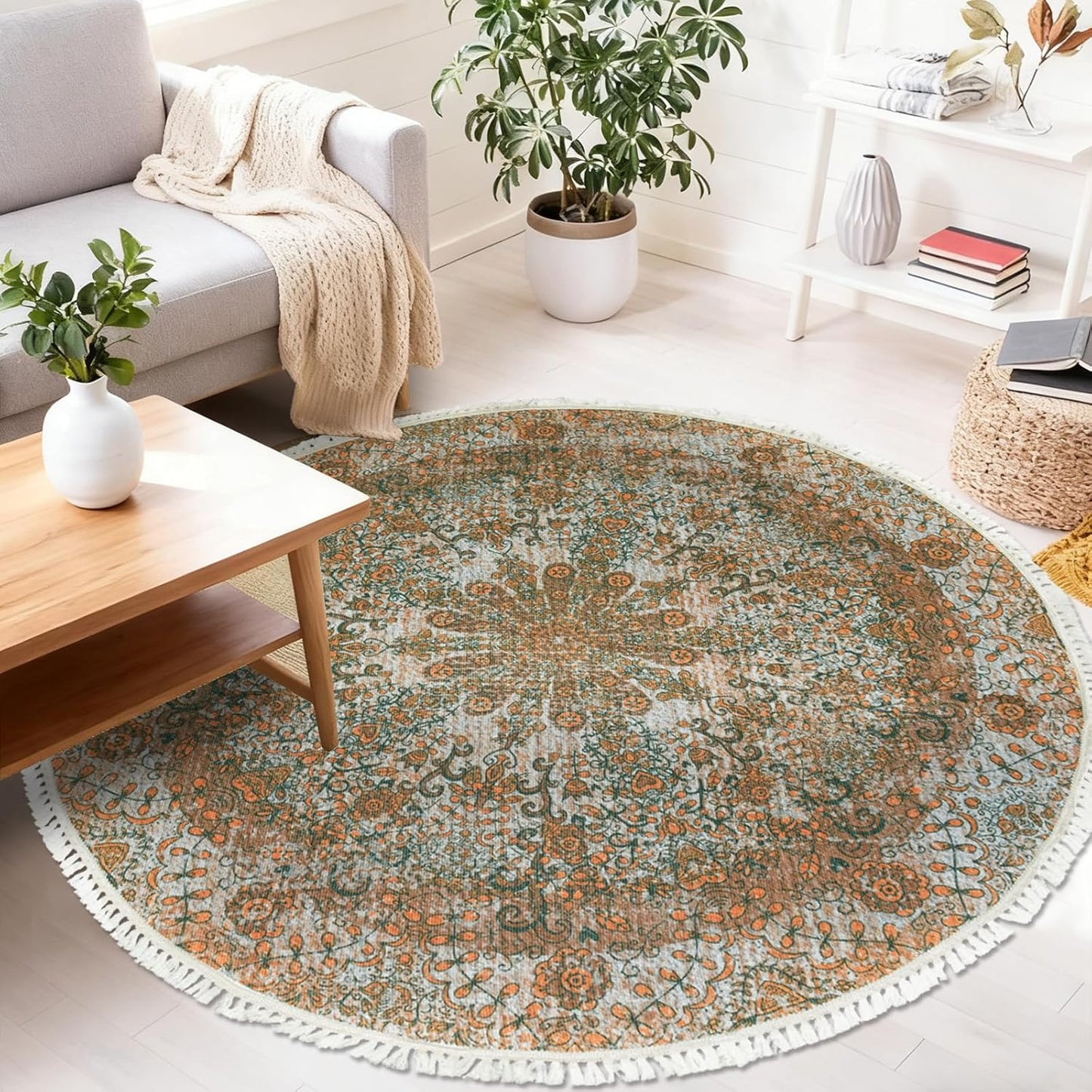 Boho Rug 5Ft Round Bedroom Carpet Circle Nonslip Farmhouse Area Rug Rustic Mandala Floor Mat for Living Room Locker Room Tassel Yoga Throw Rugs Washable Doormat, Purple