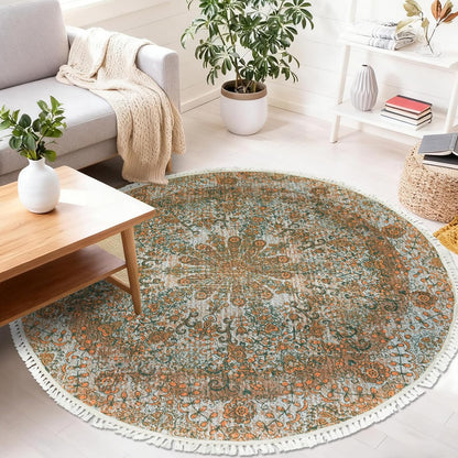 Boho Rug 5Ft Round Bedroom Carpet Circle Nonslip Farmhouse Area Rug Rustic Mandala Floor Mat for Living Room Locker Room Tassel Yoga Throw Rugs Washable Doormat, Purple