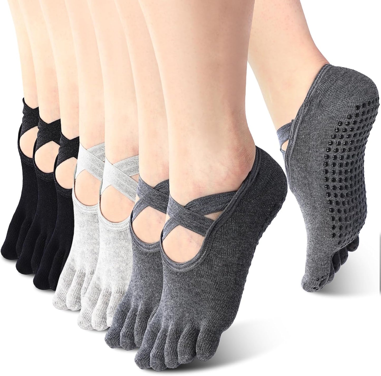 SATINIOR 7 Pairs Yoga Toe Socks with Grip Women Non Slip Sticky Full Toe Socks for Pilates, Ballet, Dance, Barefoot (Multi Colors)