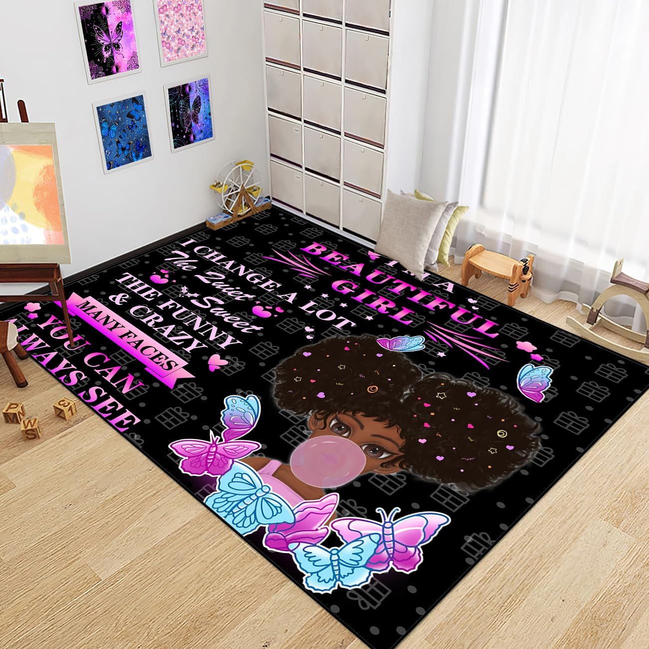Black Girl Area Rug for Bedroom African Black Girls Floor Rugs for Living Room Playroom Cartoon Art Home Decor Soft Yoga Mats for Women Afro Purple 47" x 31" (2.7 x 3 Feet)
