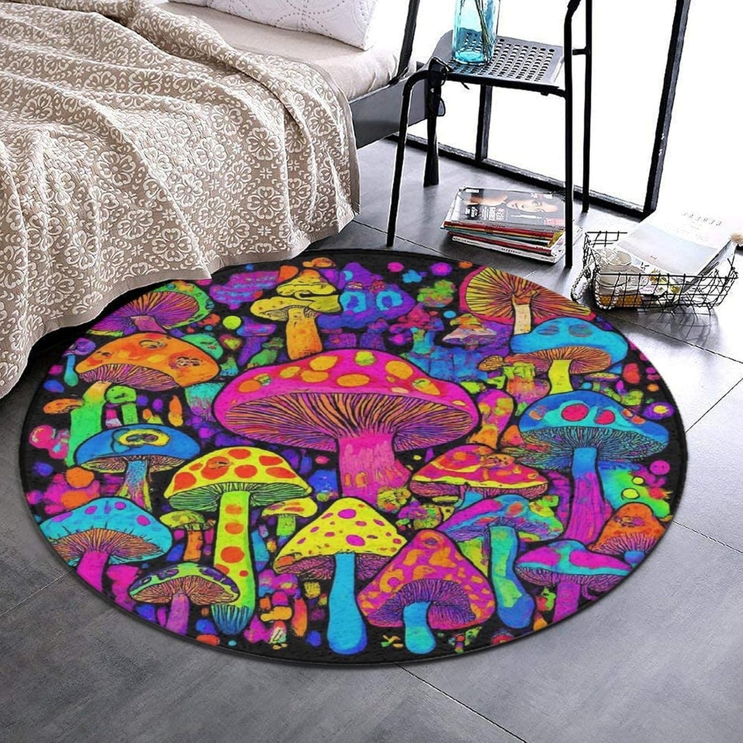 Machine Washable Modern Round Area Rug, Room Sofa Yoga Soft Round Carpet, Home Decor Non Slip Kitchen Office Circle Rug Trippy Rainbow Mushroom Tie Dye Art, 60inch