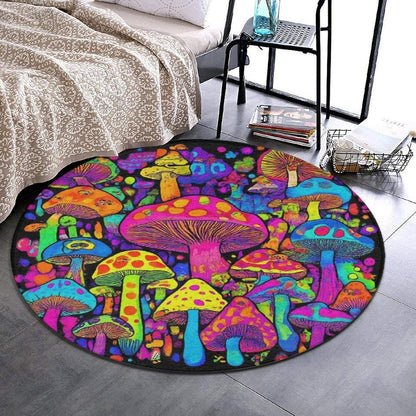 Machine Washable Modern Round Area Rug, Room Sofa Yoga Soft Round Carpet, Home Decor Non Slip Kitchen Office Circle Rug Trippy Rainbow Mushroom Tie Dye Art, 60inch