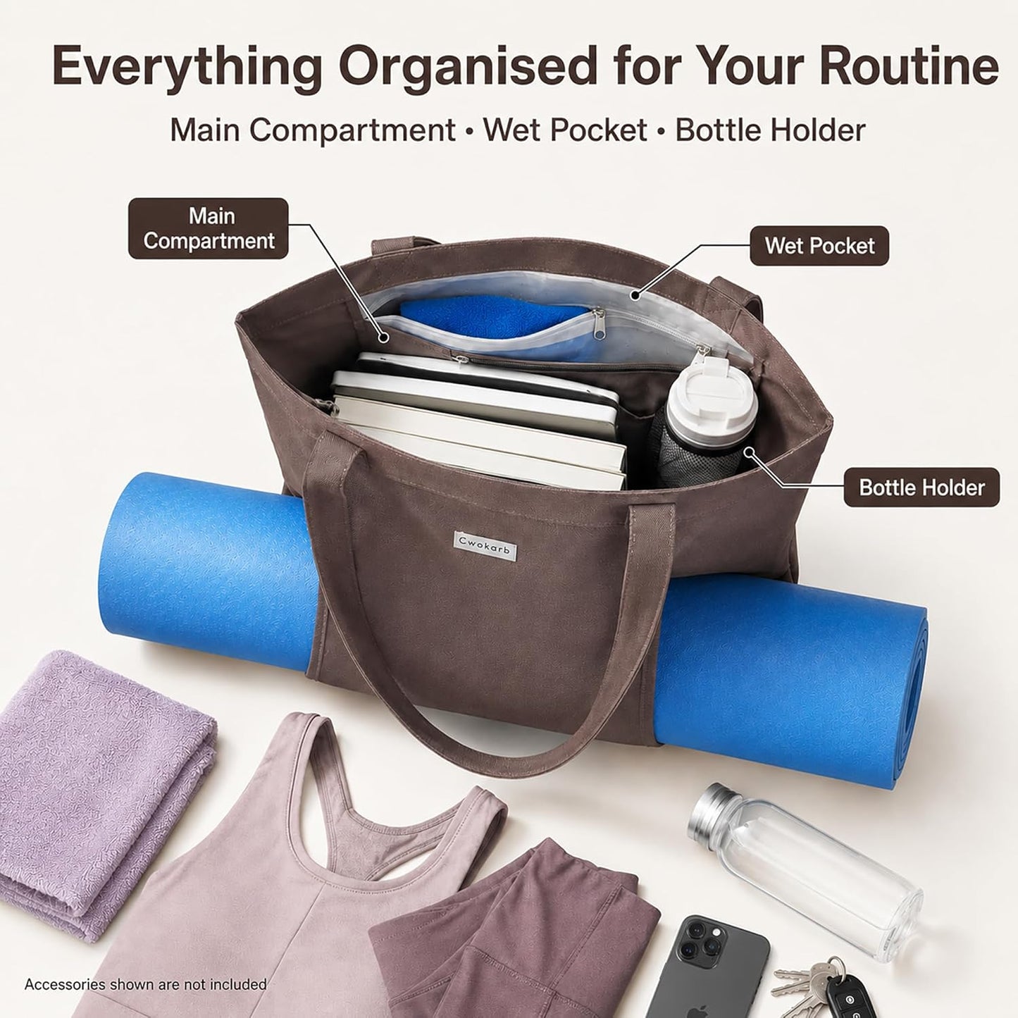 Yoga Mat Bag for Women, 100% Cotton Canvas Tote with Wet/Dry Pocket, Bottle Holder and Inner Zipper Pocket, 25L Carrier for Pilates and Travel
