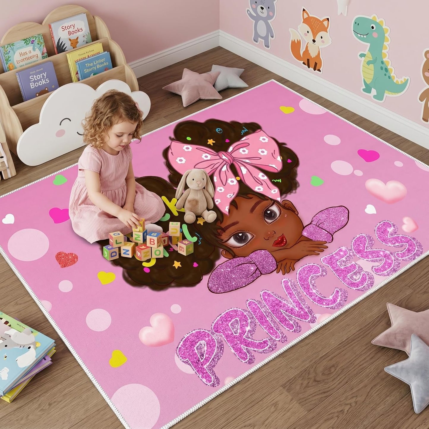 Black Girl Area Rug for Bedroom African American Rugs for Room Princess Carpet Kids Rugs for Bedroom African Girls Carpet for Living Room Teen Girls Yoga Mats, Pink, 4'×5'