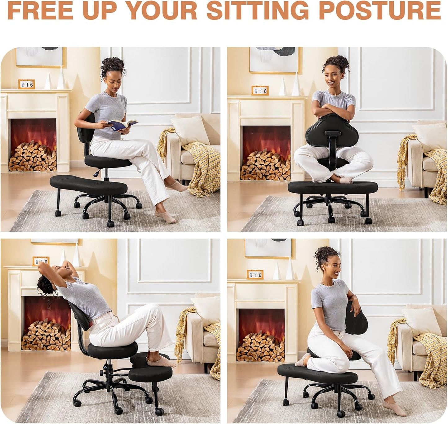 AtHope Cross Legged Office Chair, Criss Cross Desk Chair ADHD Meditation Kneeling Yoga Seat with Adjustable Height, Lumbar Support, Wider Footrest and Wheels (Black)