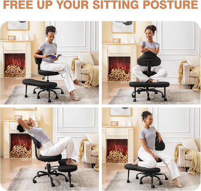 AtHope Cross Legged Office Chair, Criss Cross Desk Chair ADHD Meditation Kneeling Yoga Seat with Adjustable Height, Lumbar Support, Wider Footrest and Wheels (Black)