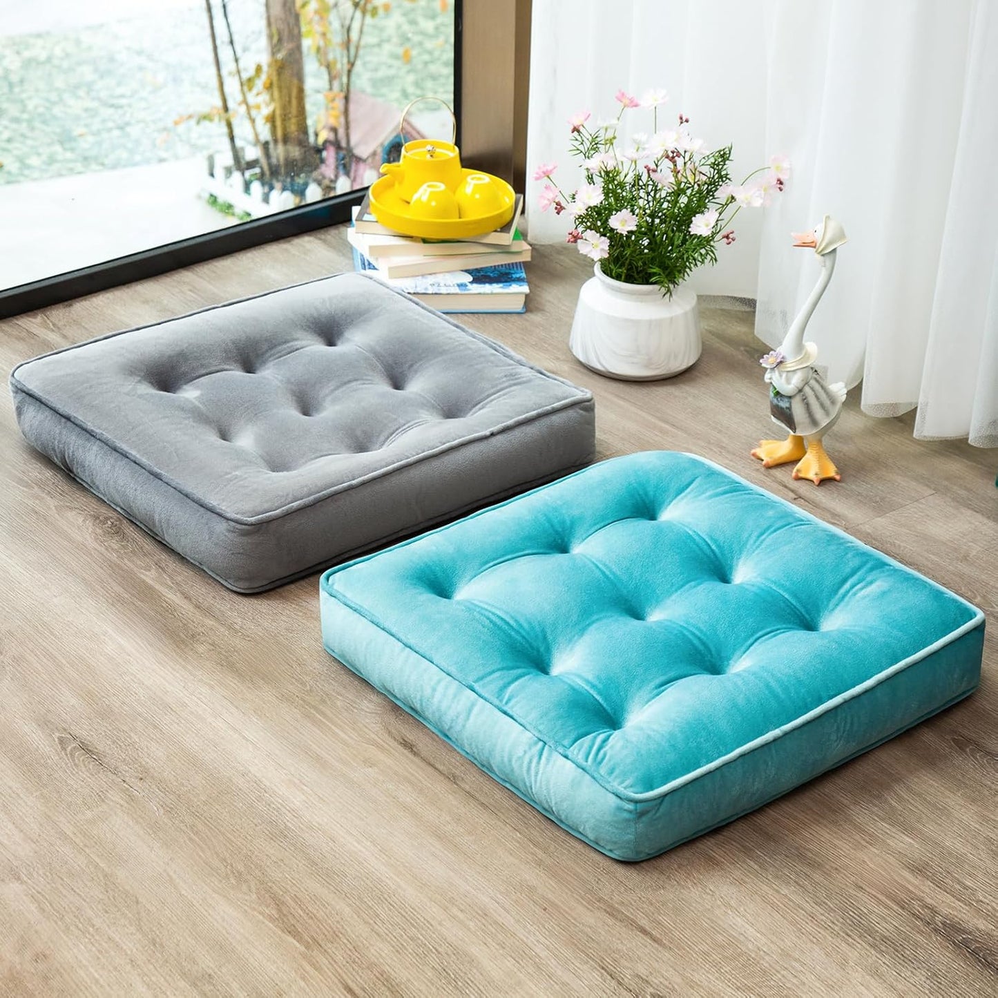 1 MIDDLE ONE Floor Pillow Set of 2, Memory Foam Meditation Cushion, Floor Cushions for Adults Sitting, Large Square Seat Cushions for Yoga, Living Room, 20x20 Inch (Grey)