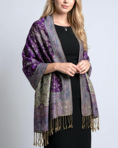 Achillea Reversible Paisley Pashmina Rave Scarf – Exotic Indian Shawls and Wraps for Evening Dresses, Festivals, All Seasons - Colors A