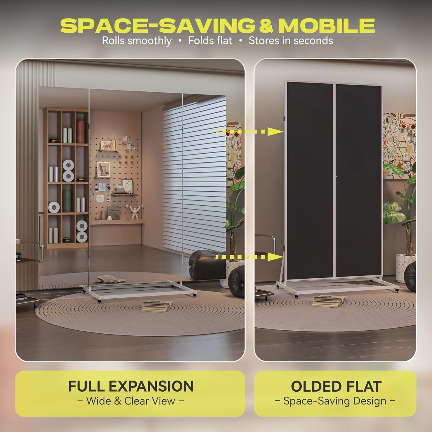 Hasipu Home Gym Mirror with Light 360° Swivel on Wheels, 79" x 32" Extra Large Full Length Rolling LED Mirror for Yoga Studio, Bedroom, Dancing Studio, White