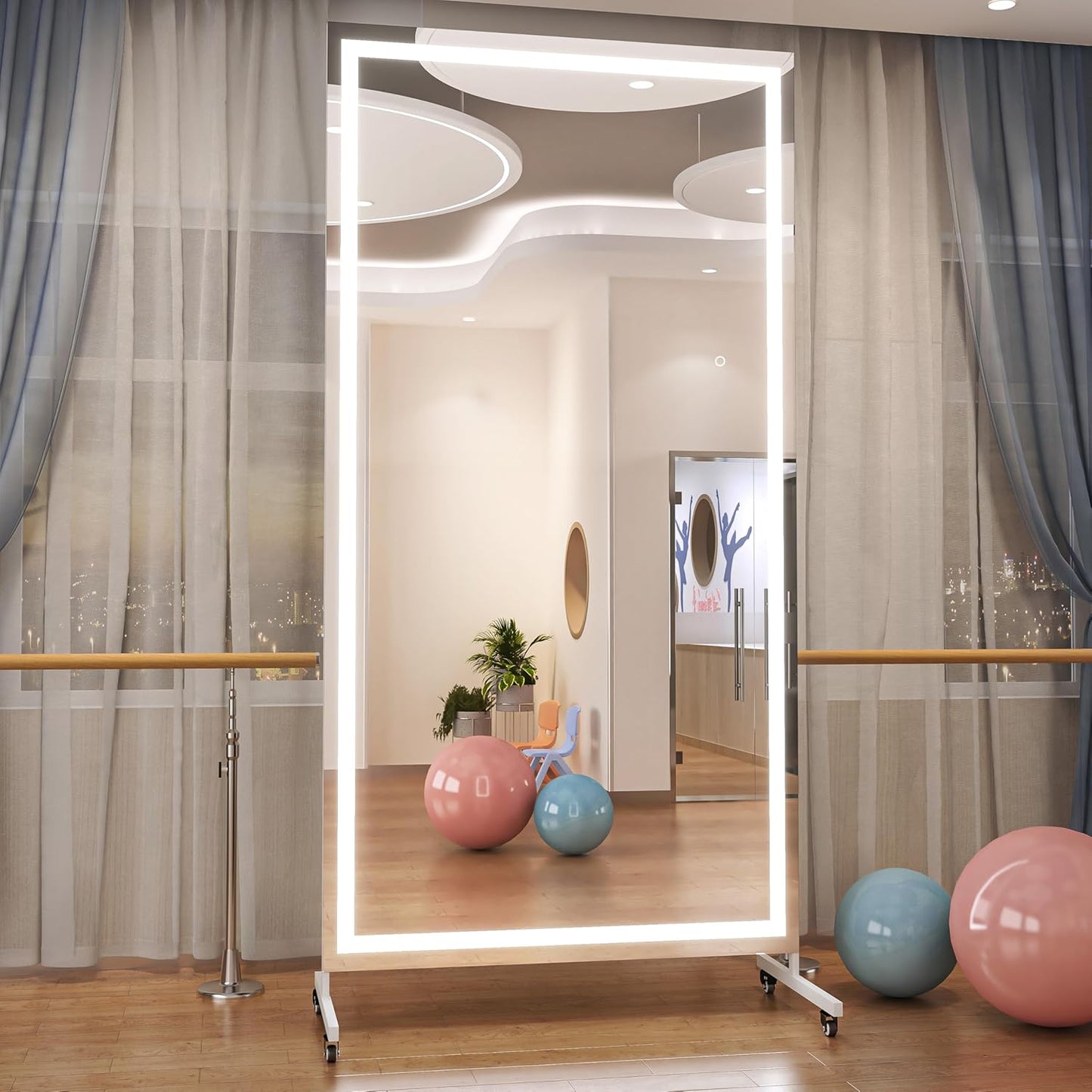 Hasipu Home Gym Mirror with Light 360° Swivel on Wheels, 79" x 32" Extra Large Full Length Rolling LED Mirror for Yoga Studio, Bedroom, Dancing Studio, White