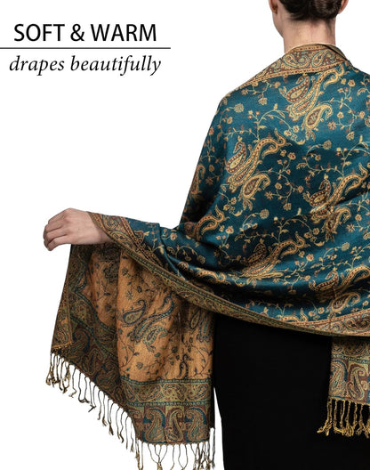 Achillea Reversible Paisley Pashmina Rave Scarf – Exotic Indian Shawls and Wraps for Evening Dresses, Festivals, All Seasons - Colors A