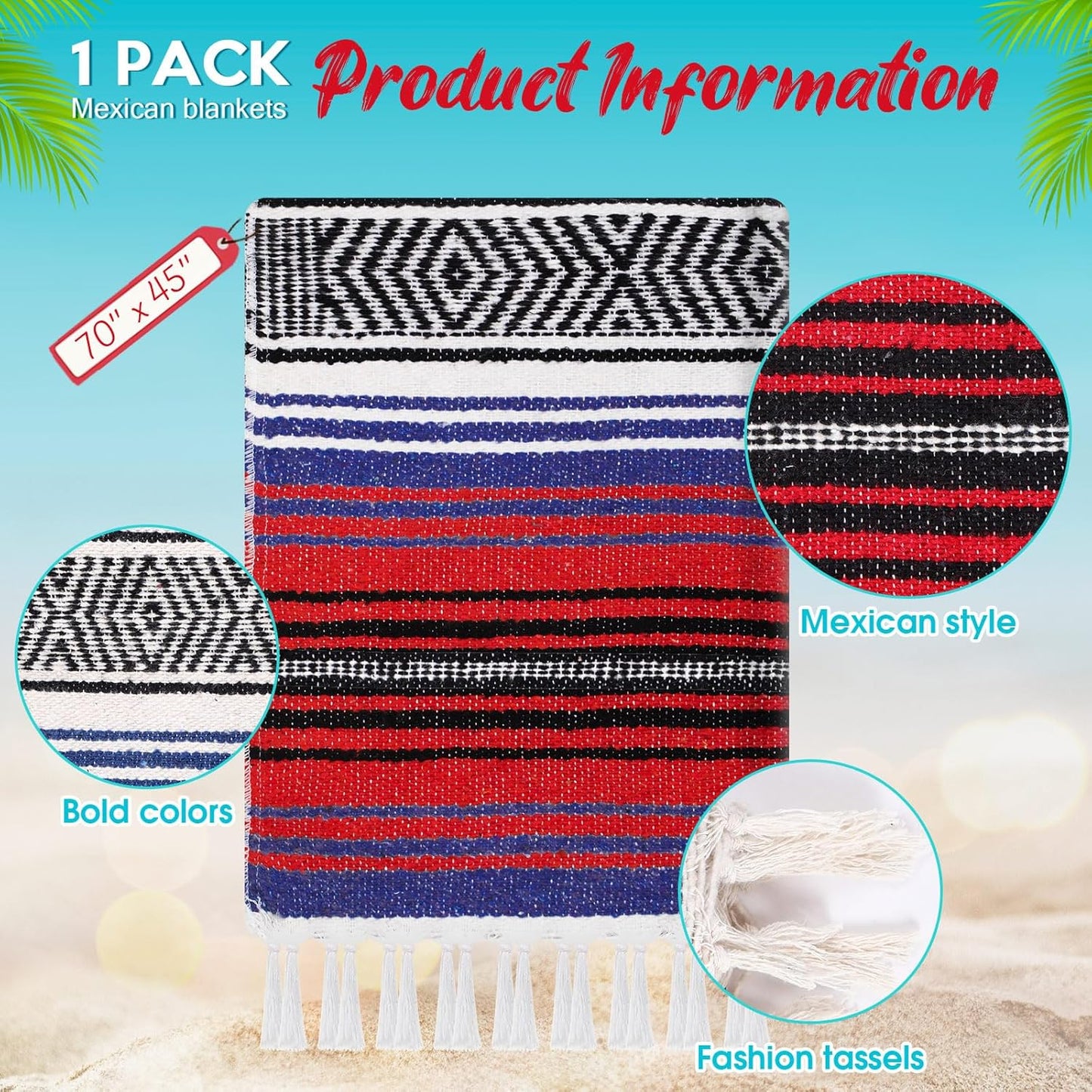 Oudain Mexican Blanket Woven Authentic Cotton Falsa Throw 45 x 70 Inch – Authentic Baja Serape Saddle Blanket Outdoor for Restorative Yoga, Beach, Picnic, Couch, Car Travel(Coastal Calm)