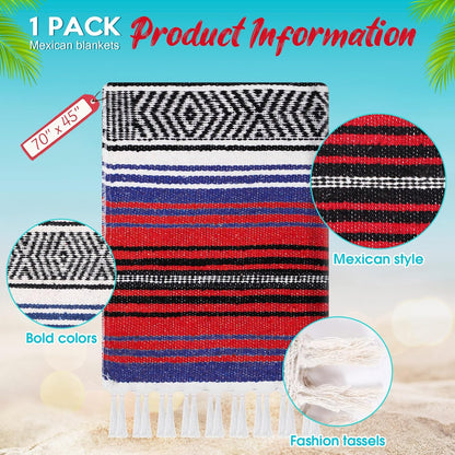 Oudain Mexican Blanket Woven Authentic Cotton Falsa Throw 45 x 70 Inch – Authentic Baja Serape Saddle Blanket Outdoor for Restorative Yoga, Beach, Picnic, Couch, Car Travel(Coastal Calm)
