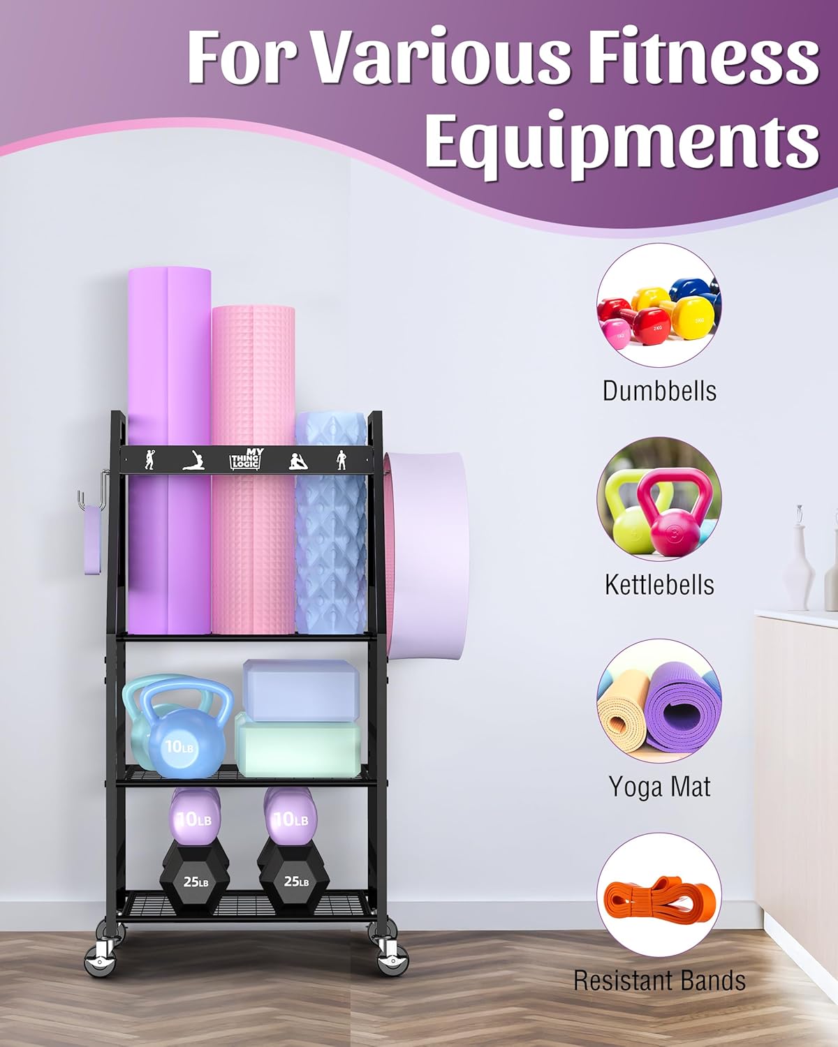 Mythinglogic Yoga Mat Storage Racks,Home Gym Storage Rack for Dumbbells Kettlebells Foam Roller, Yoga Strap and Resistance Bands, Workout Equipment Storage Organizer With Hooks and Wheels
