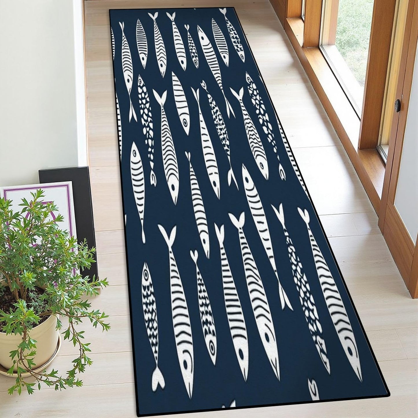 Runner Rug Washable 2x6 Seamless Pattern Fish Swimming Against Current Against Crowd Non-Slip Hallway Area Rug Indoor Outdoor Home Decor for Entryway Bathroom Kitchen Carpet Yoga Floor Mat