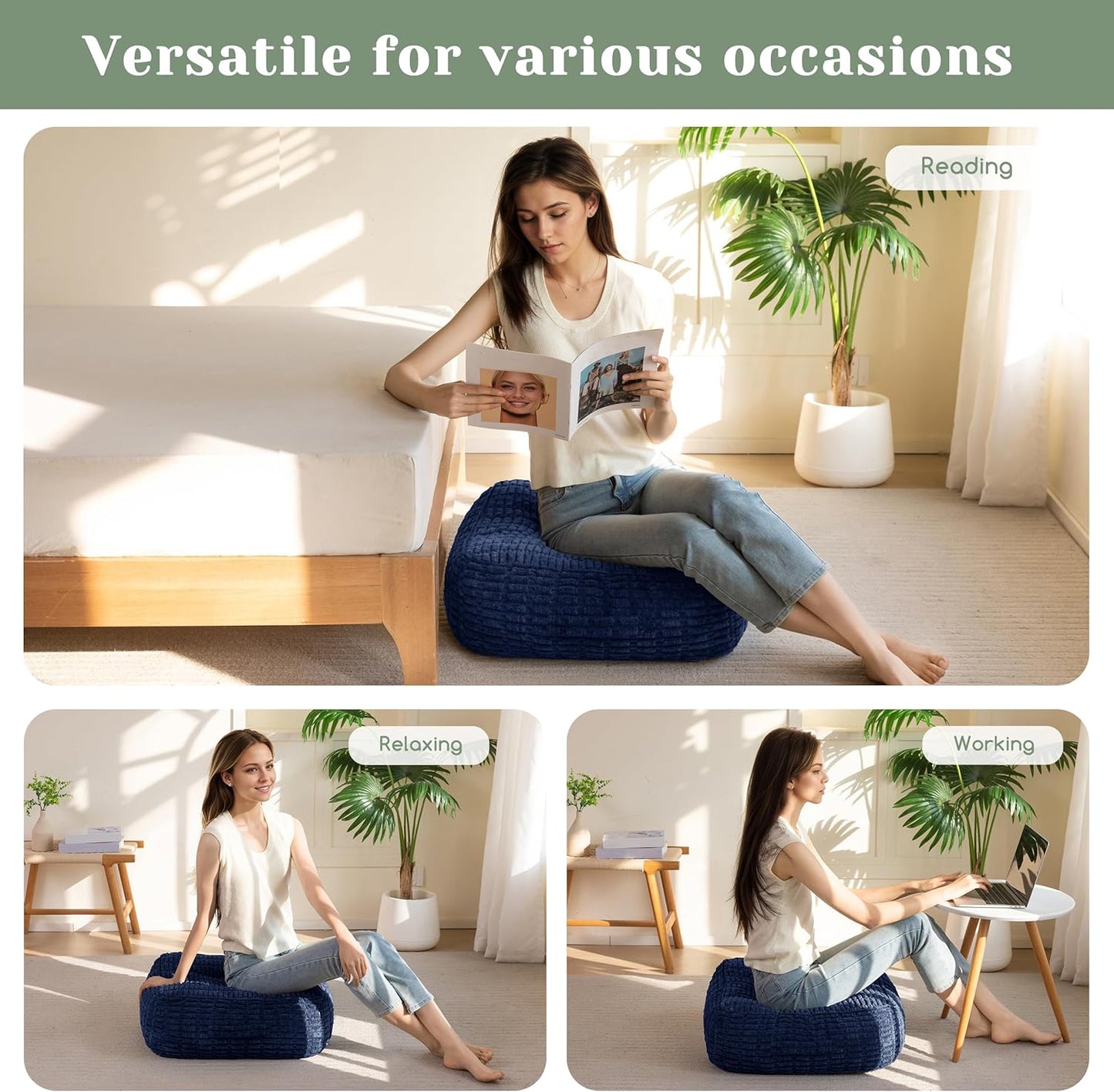 HIGOGOGO Floor Pillow Cushion for Adults, Meditation Cushion Pillow, Blended Corduroy Cover, Large Square Floor Sitting for Tatami Living Room or Yoga, 22x22 Inch, Beige