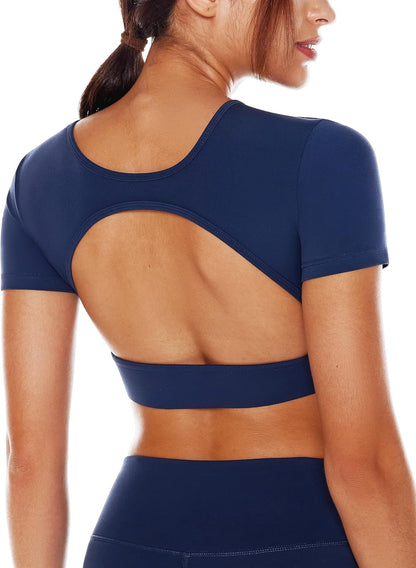 ENERBLOOM Open Back Workout Crop Tops for Women Backless Yoga Shirts Gym Short Sleeve Mild Support Compression Tee with Bra