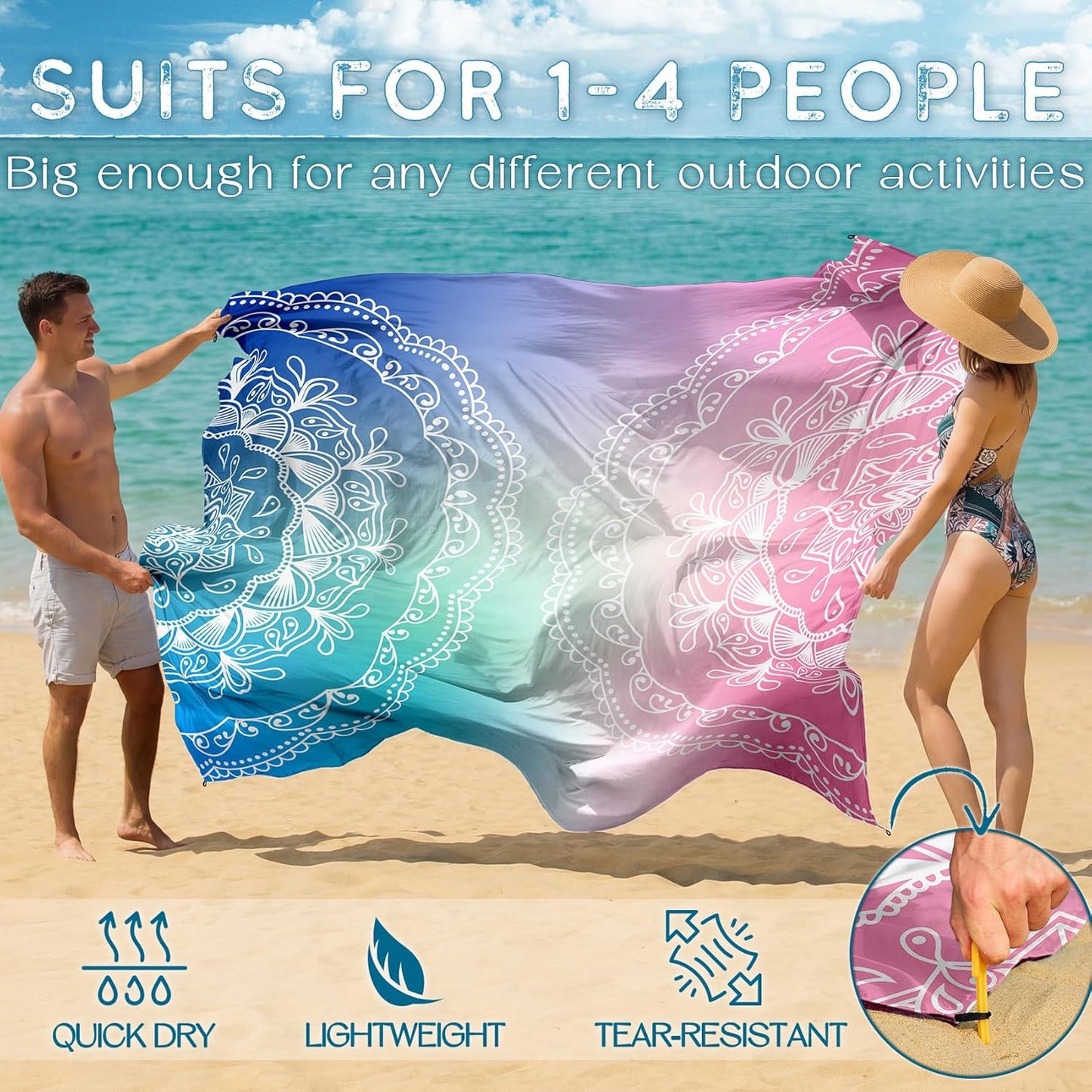 BYDOLL Beach Blanket Waterproof Sandproof Large Sand Free,78''X81''/10'X9' Oversized Sandless Lightweight Blanket Picnic Mat for Beach Travel Camping Hiking with Stakes