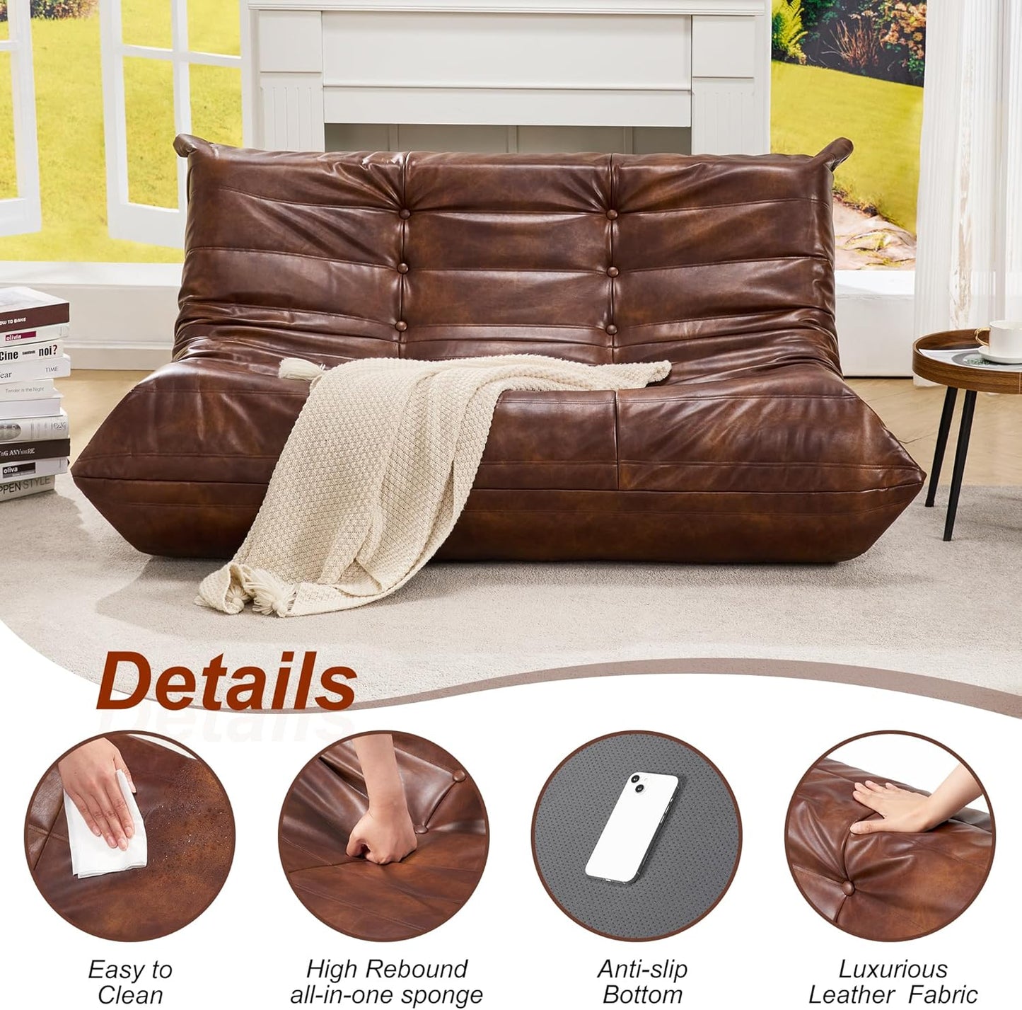Hobestluk Giant Bean Bag Chair Lazy Floor Sofa, Memory Foam Fireside Sofa for Adults, Big Beanbag Faux Leather Armless Chair for Living Room Bedroom Dorm Office (Brown, Single)