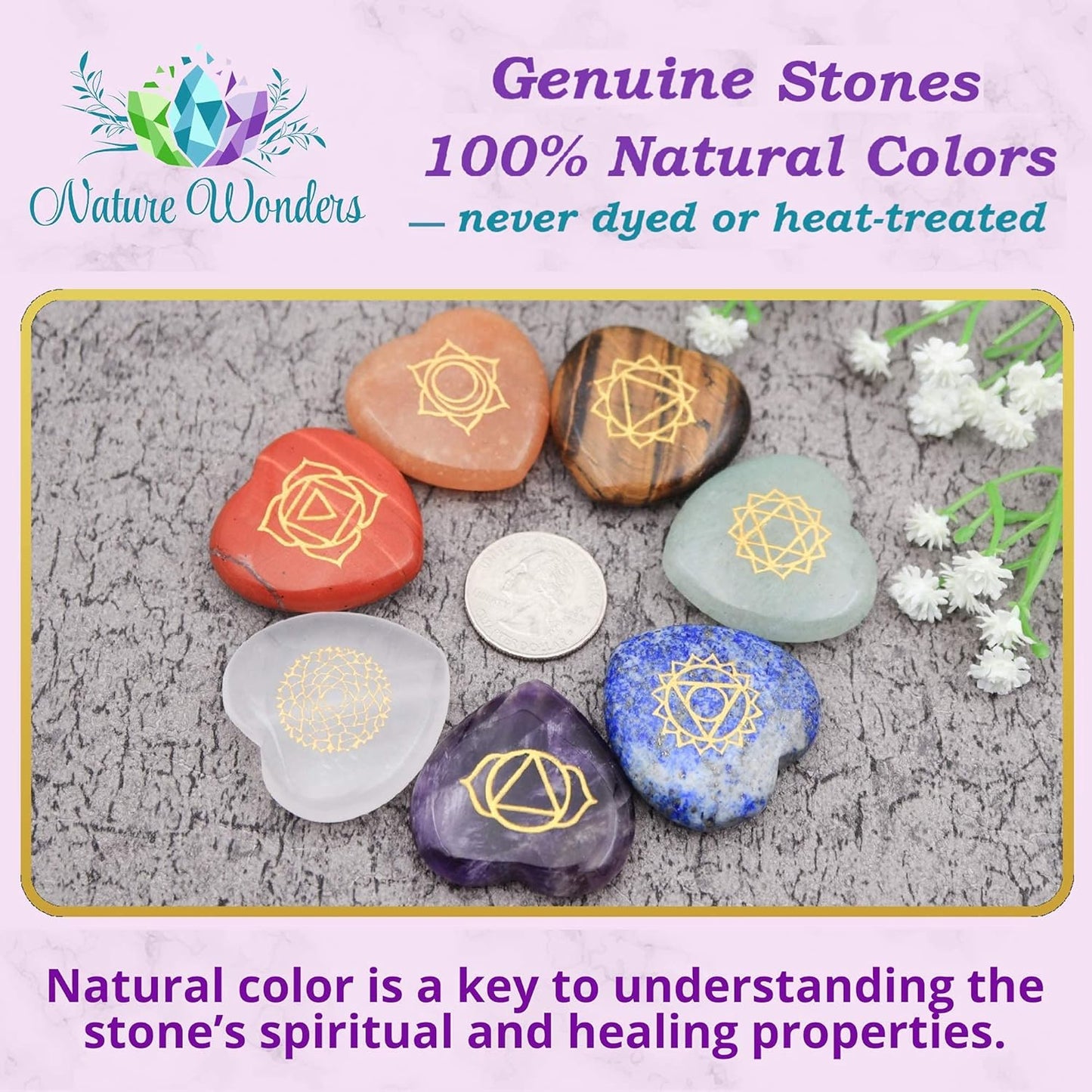Uorbeay NatureWonders All Natural 7 Chakra Stone Set (Pyramid) with Engraved Symbols (Gift Box, Information Brochure & Pouch) - Healing Crystals, Balancing, Tumbled Palm Stone, Touchstone, Meditation