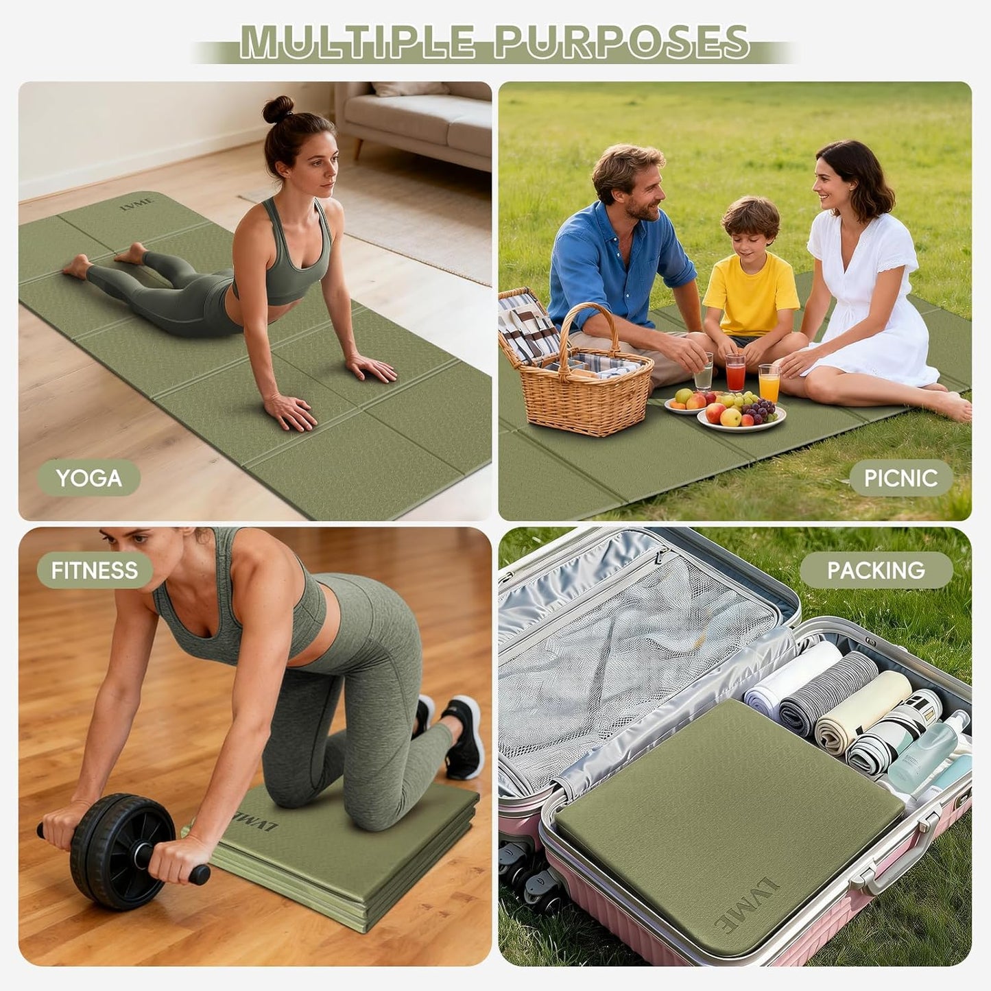 LVME Foldable Yoga Mat for Travel – 75"x31.5" Large POE Exercise Mat with Storage Pouch, Fits Suitcase & Backpack (16"x15"x3.5"),0.6cm Non-Slip Surface for Yoga, Pilates, Gym & Outdoor Workouts