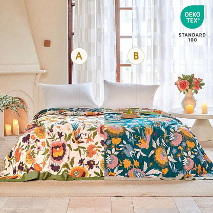 Boho Throw Blanket - 100% Cotton Soft Summer Throw Blanket for Bed, 50"x60" Reversible Breathable Lightweight Blankets, All Seasons Farmhouse Decor Floral Plant Butterfly Throw Quilt