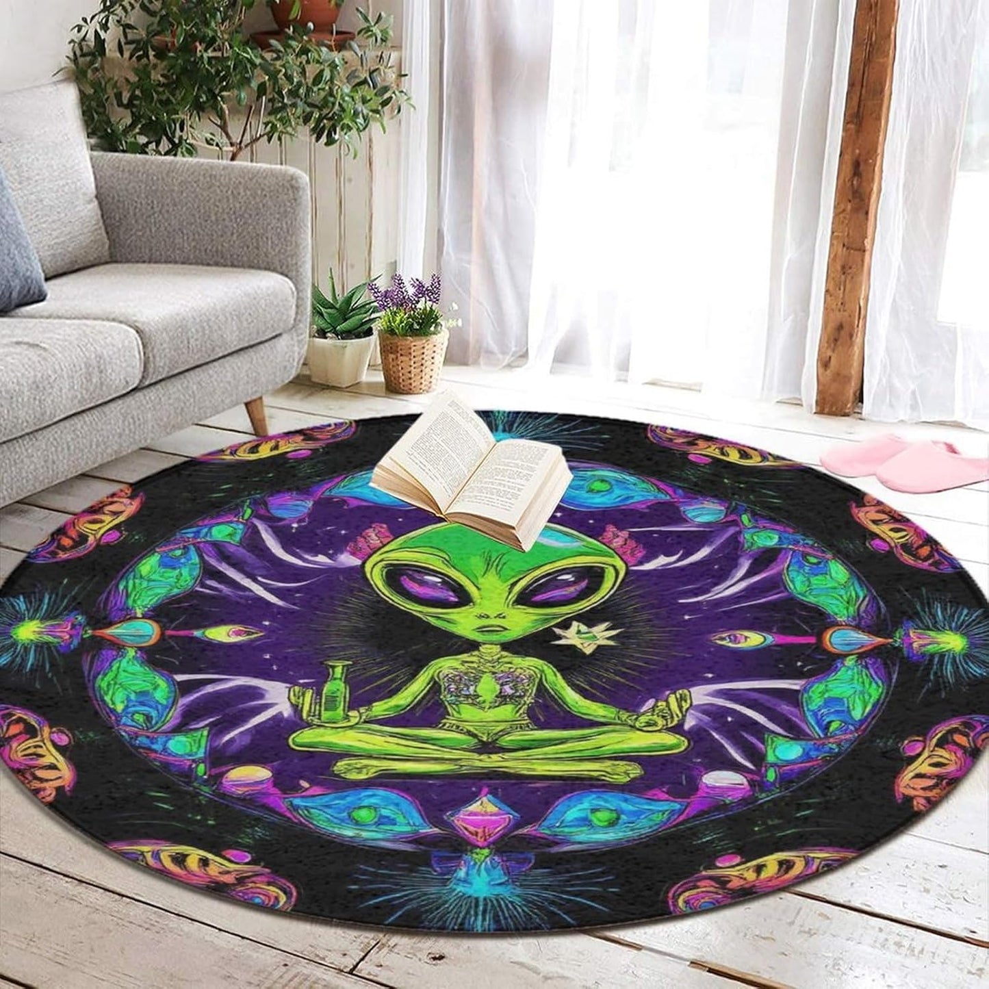 Home Decor Non Slip Kitchen Office Circle Rug, Machine Washable Modern Round Area Rug, Room Sofa Yoga Soft Round Carpet Purple Galaxy Trippy Space Astronaut Art, 36inch