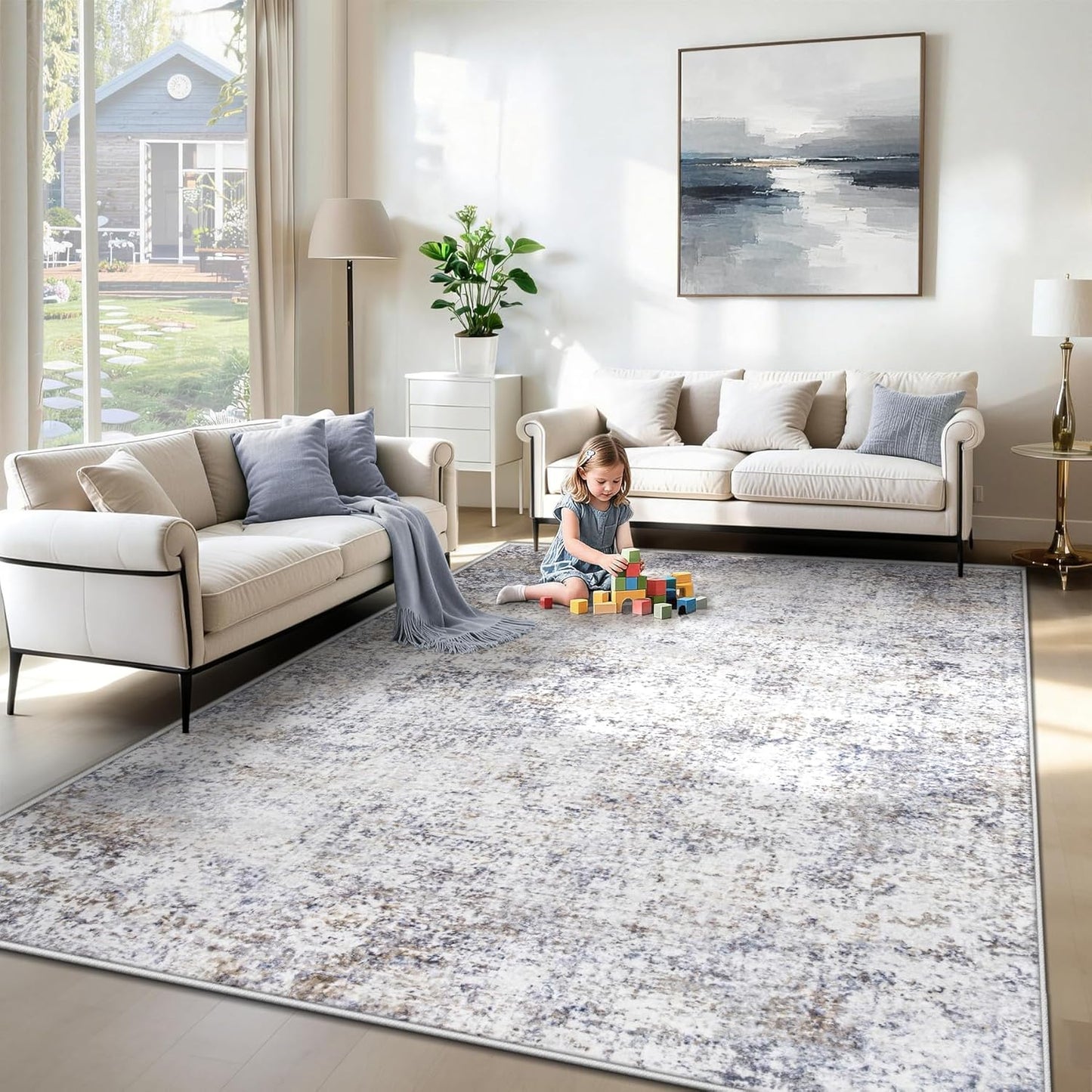 XLUEZ 8x10 Area Rugs for Living Room, Washable Modern Abstract Large Area Rug Neutral Soft Non Slip Kids Rug Stain Resistant Indoor Carpet for Bedroom Nursery Dining Children's Room(Blue, 8'x10')