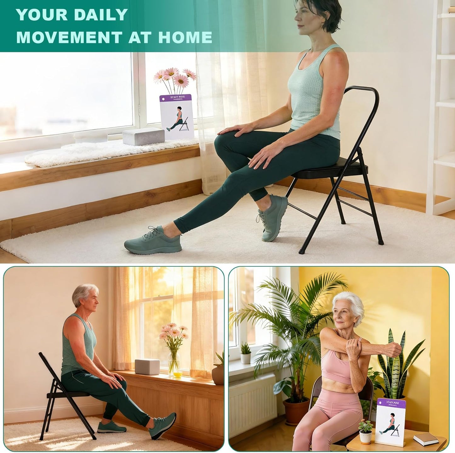Chair Yoga Cards Exercises,57 Exercise Cards with 2 Rings, Big 4.72"x3.14"Cards,30 Days Challenge with Chair Yoga for Elderly to Improve Balance,& Weight Loss Made Routines for Seniors & Beginners
