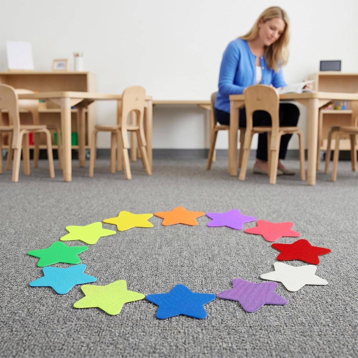 50Pcs Star Carpet Spot Markers, 4 Inch Carpet Spots for Classroom Floor Dots Rug Star Shape Marker Dots for Classroom Decoration School Teacher Supplies Yoga Gym Agility Training Activities