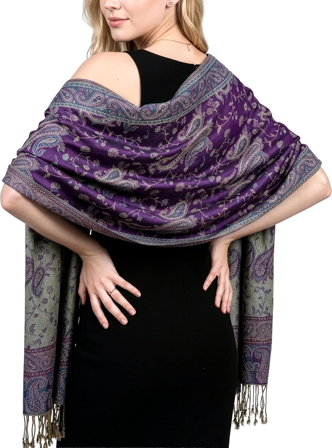 Achillea Reversible Paisley Pashmina Rave Scarf – Exotic Indian Shawls and Wraps for Evening Dresses, Festivals, All Seasons - Colors A
