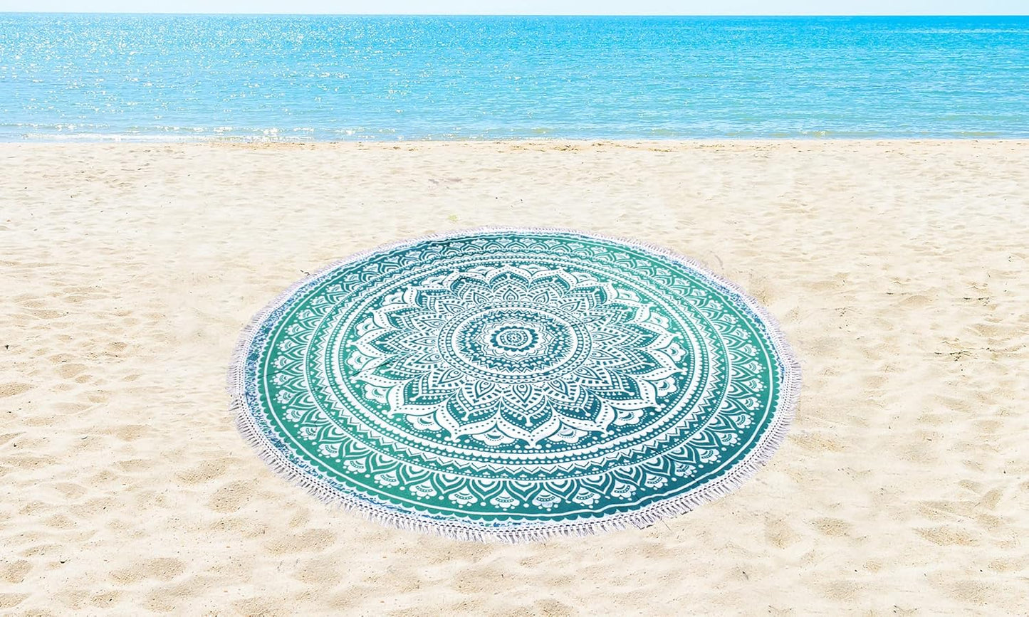 Mandala Round Beach Tapestry Boho Hippie Blanket Bohemian Large Table Cloth Home Decor Yoga Mat Meditation Picnic Rug Throw Hippy Gypsy Tablecloth Roundie (42 Inches, Orange And Blue)