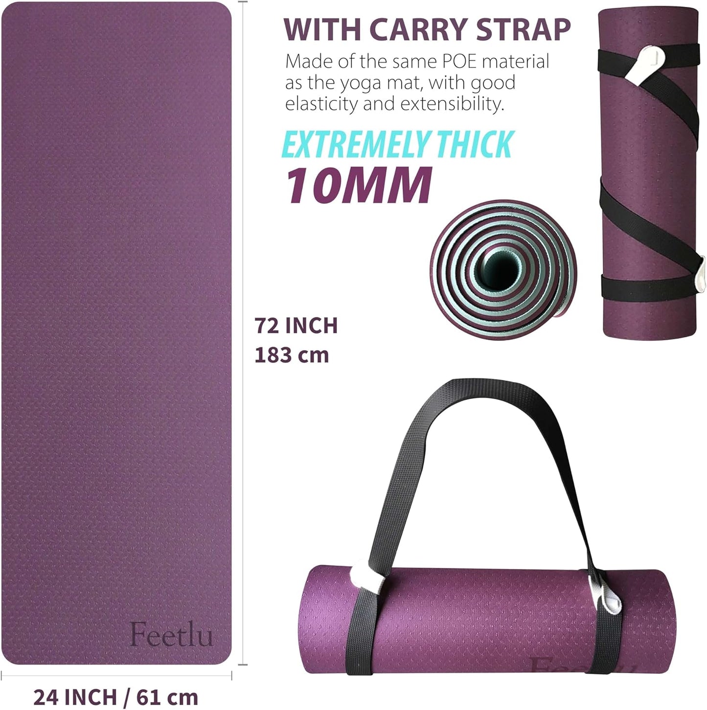 Yoga Mat with Strap – 10mm & 12mm Thick Yoga Mat, Non-Skid Dual Surface Workout Mat, Eco-Friendly POE Yoga Mats for Women Men Kids, Perfect Exercise Mat for Pilates, Yoga, and Floor Workouts, Includes Carrying Strap.