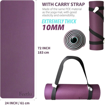 Yoga Mat with Strap – 10mm & 12mm Thick Yoga Mat, Non-Skid Dual Surface Workout Mat, Eco-Friendly POE Yoga Mats for Women Men Kids, Perfect Exercise Mat for Pilates, Yoga, and Floor Workouts, Includes Carrying Strap.
