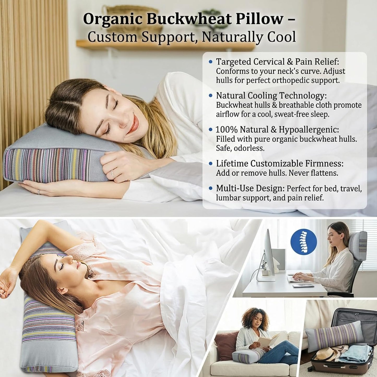 Adjustable Buckwheat Hull Pillow for Neck Pain Relief (21x8x4in) Natural Cooling Cervical Support Organic Pillow for Side & Back Sleepers with Night Sweats (Grey)
