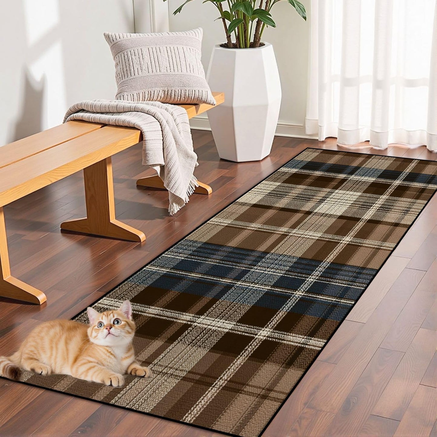 Runner Rug Washable 2x6 White Navy Blue Green Tartan Plaid Scottish Texture from Tartan Plaid Non-Slip Hallway Area Rug Indoor Outdoor Home Decor for Entryway Bathroom Kitchen Carpet Yoga Floor Mat