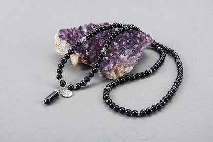 Jovivi 108 Mala Beads Bracelet 8mm Natural Amethyst Rose Quartz Healing Crystal Stone Mala Prayer Bead Necklace Hexagonal Prism Gemstone Reiki Pointed Pendant for Yoga Meditation Energy Balancing