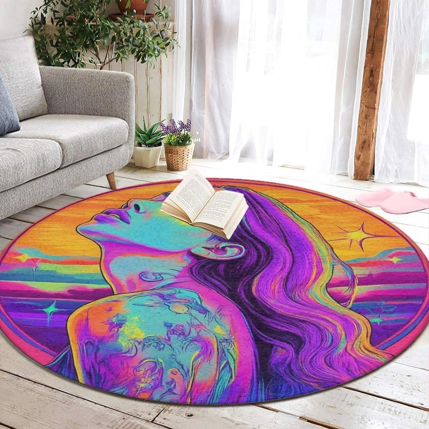 Machine Washable Modern Round Area Rug, Room Sofa Yoga Soft Round Carpet, Home Decor Non Slip Kitchen Office Circle Rug Union Jack Flag UK Mandala Art, 60inch